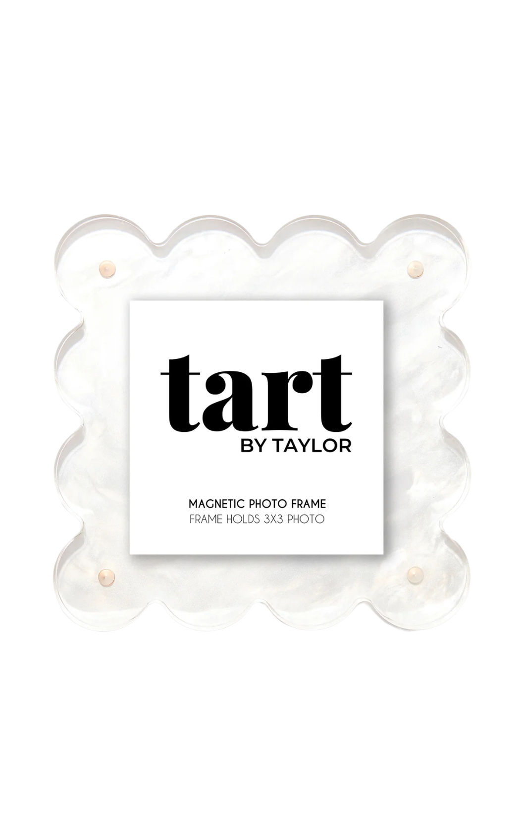 A scalloped white acrylic picture frame with a magnetic closure, branded by 'tart by taylor'.