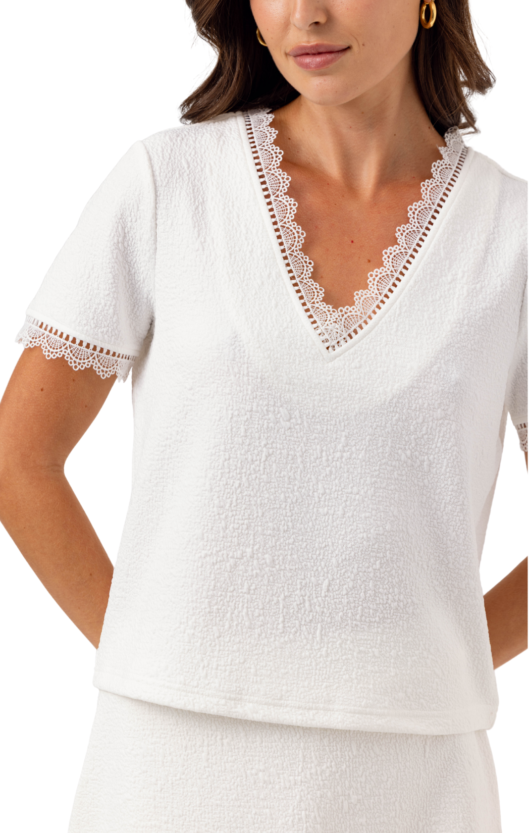 Cozy crinkle terry, this split neck top from Sundays with lace trim