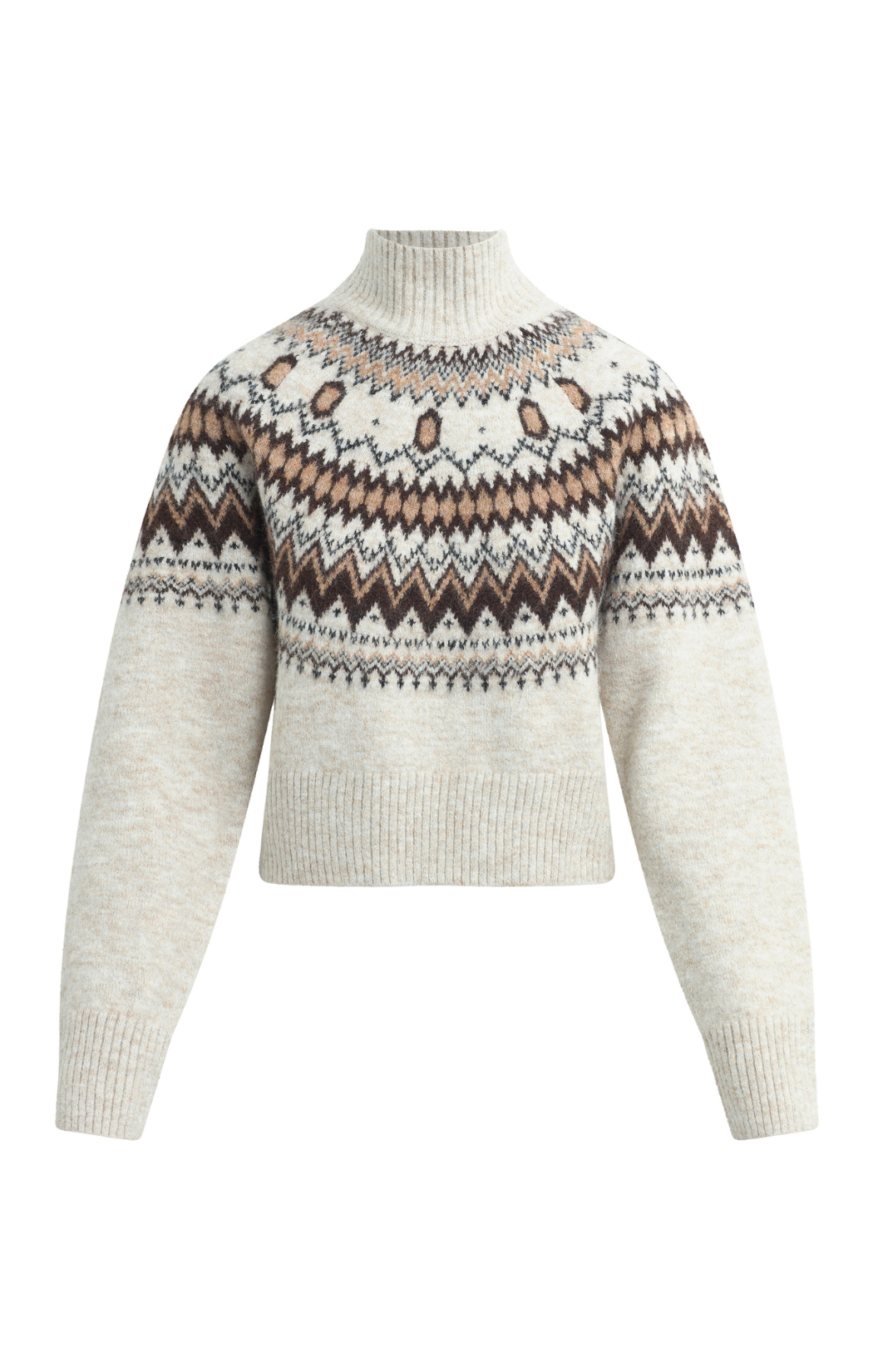 A cropped turtleneck sweater with a cream base and a brown, beige, and gray geometric Fair Isle pattern across the chest and shoulders, displayed on a clean white background.