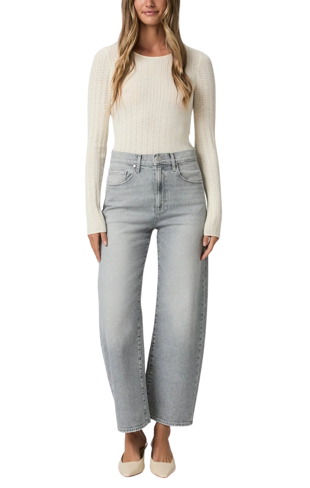 Jeans with ahigh-rise barrel leg silhouette with a cropped ankle-length in light gray from Paige.
