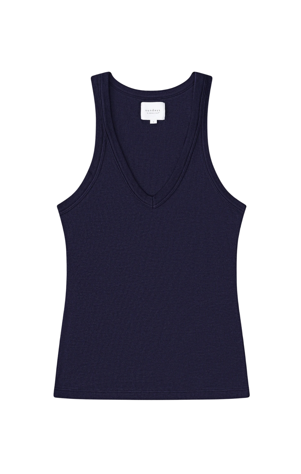 Tank in navy with v-neck, thick binding, and hip-length fit