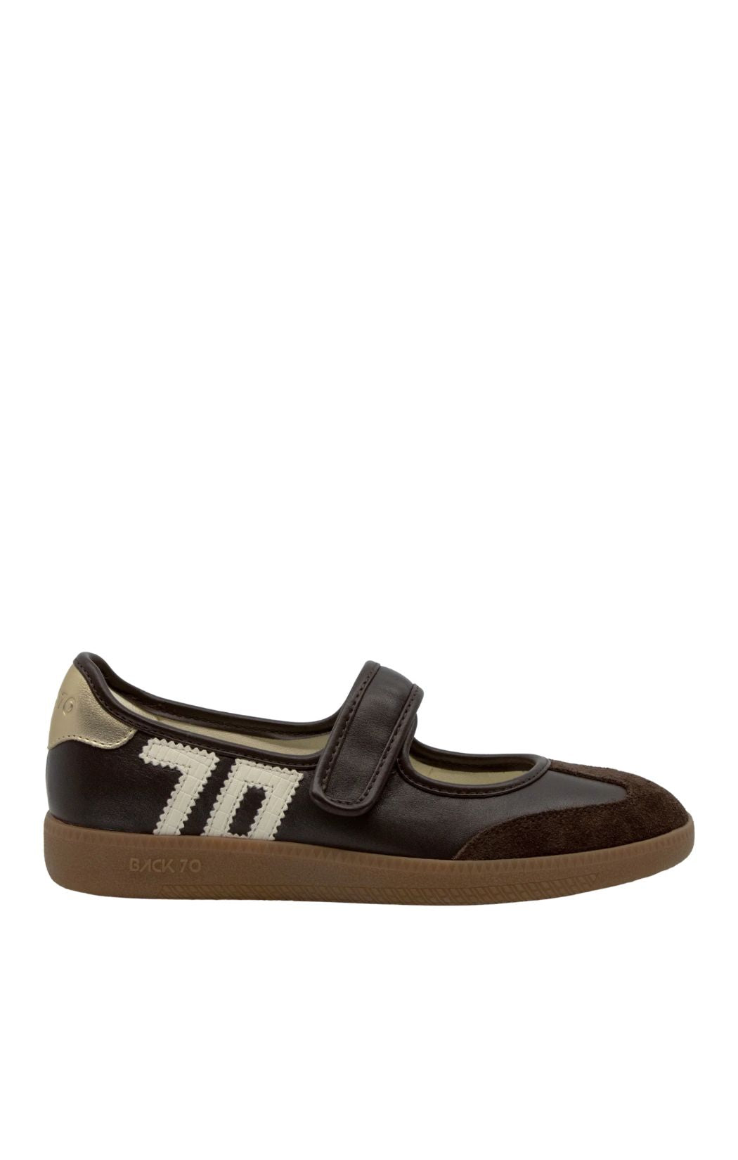 A single dark brown shoe with a hook-and-loop strap, featuring a cream-colored woven logo on the side and a brown sole, shown against a plain white background.