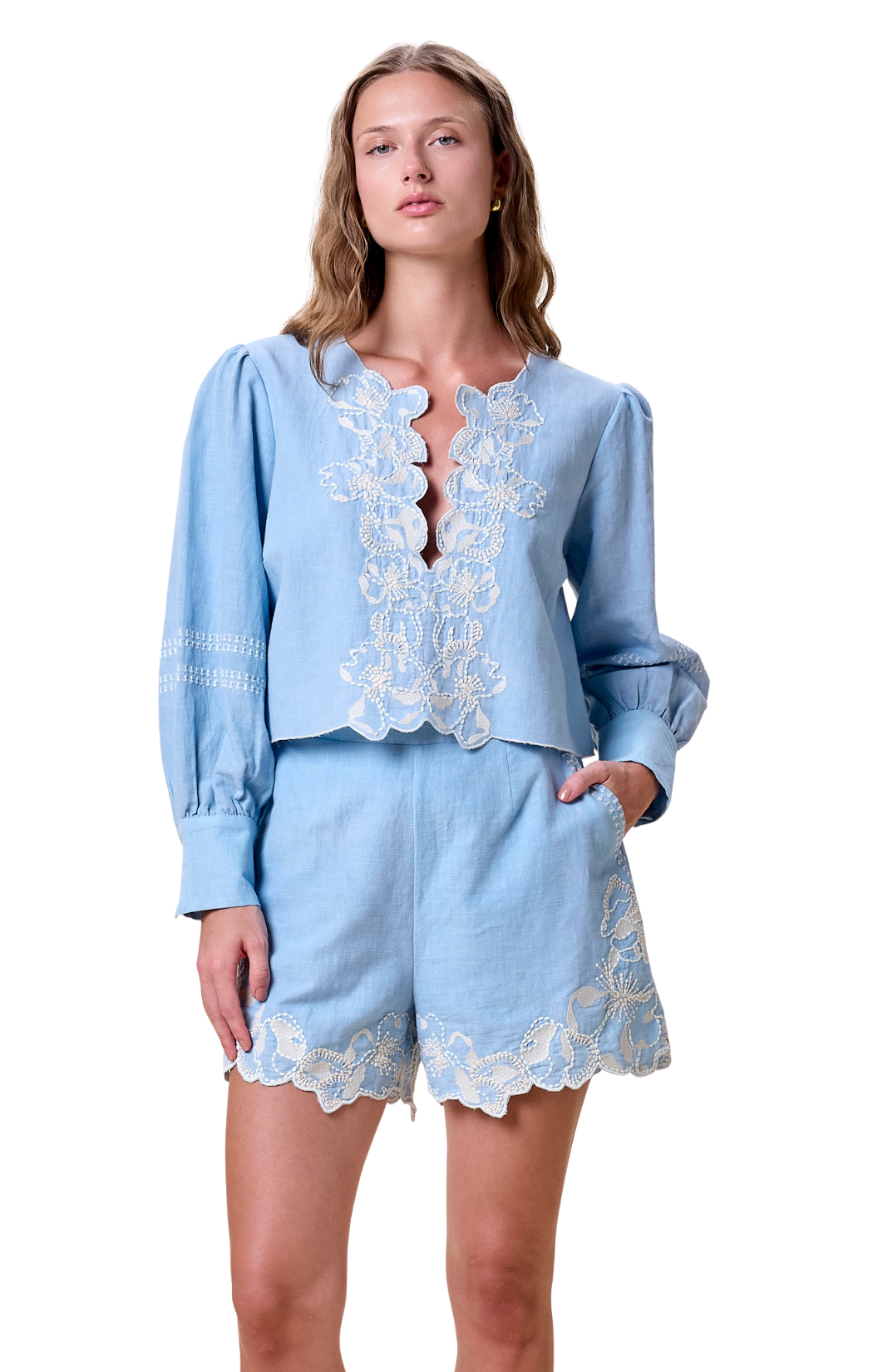 Light blue long sleeve puff sleeve blouse with white and cream embroidery detail as well as a front scalloped deep v neck