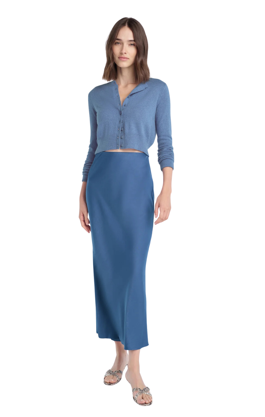 Favorite daughter slip skirt in River Blue has a high, pull-on waist. Midi length.