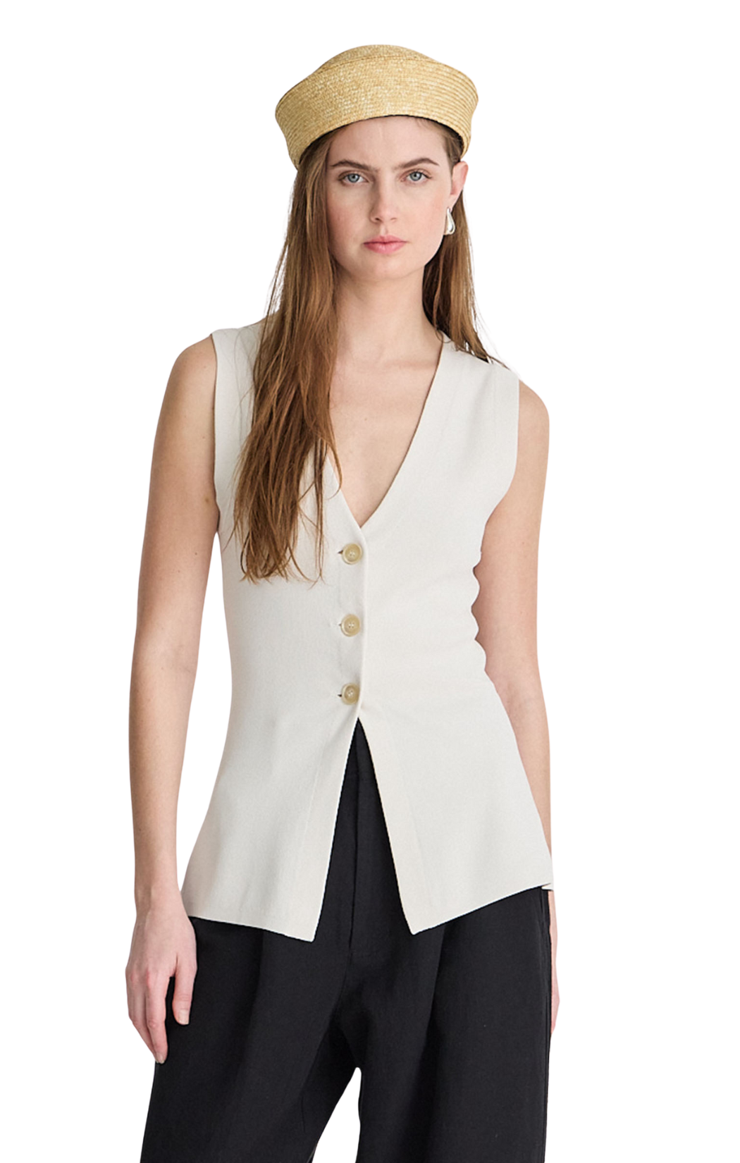 Vest-style knit top in cream
Sleeveless silhouette
Front button closure
70% viscose / 30% recycled nylon
Lightweight & breathable