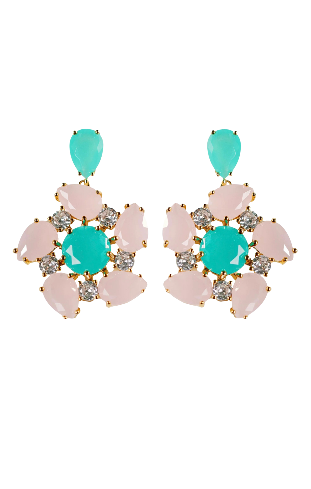 Pink and Turquoise Diamond Pinwheel Statement Earrings