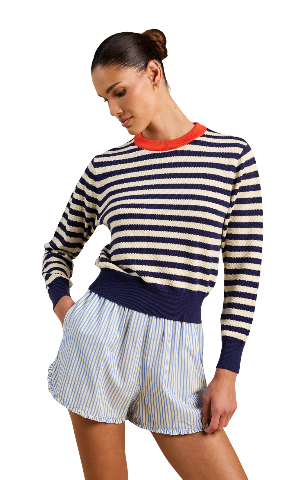 navy and white striped sweater