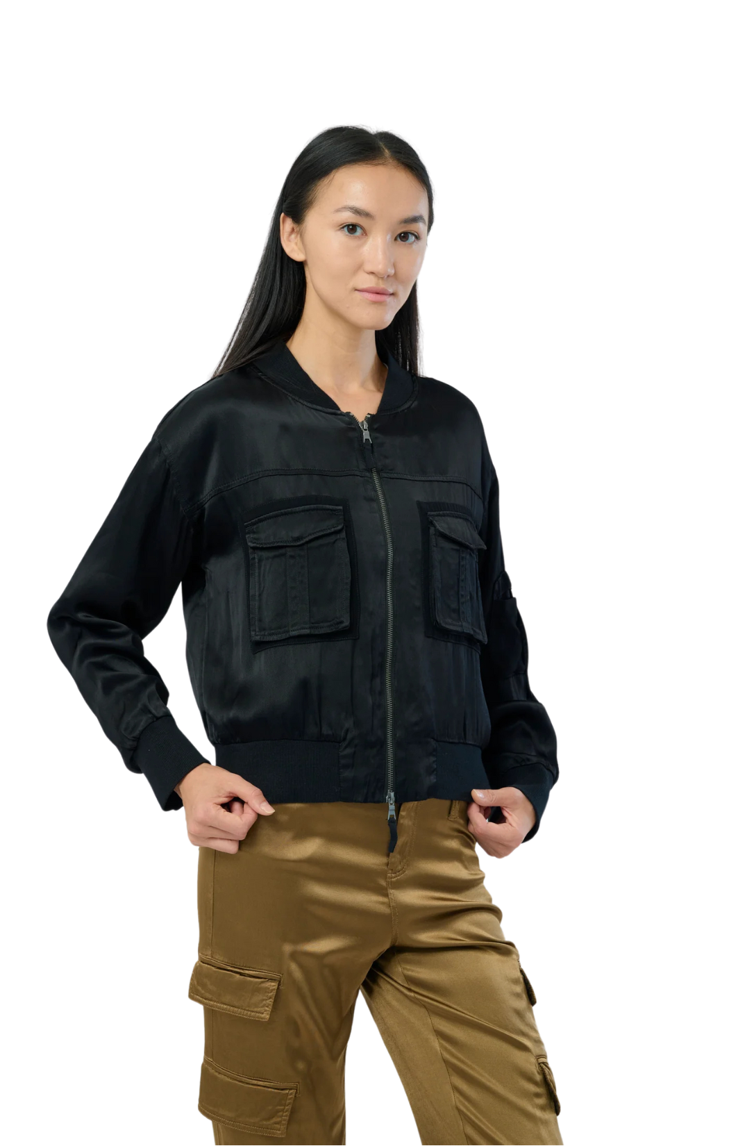 dazie jacket marrakech black satin twill flight jacket frornt pockets