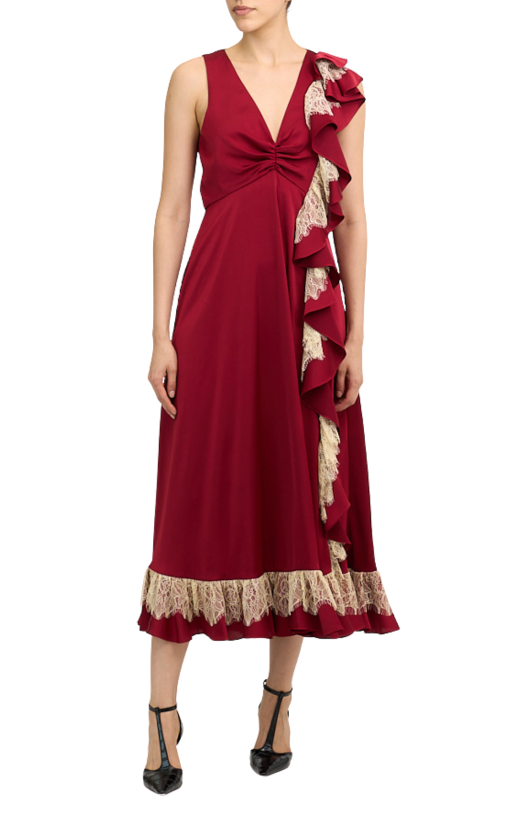 A woman modeling a sleeveless deep red midi dress with a ruffled one-shoulder design and lace trim