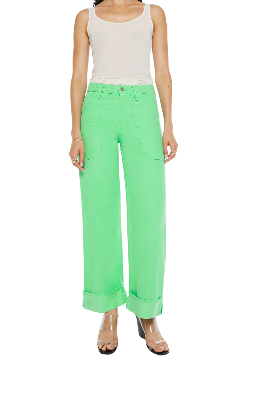 SNACKS! mother the smoothie carpenter sneak wide straight leg pants green lime green neon green