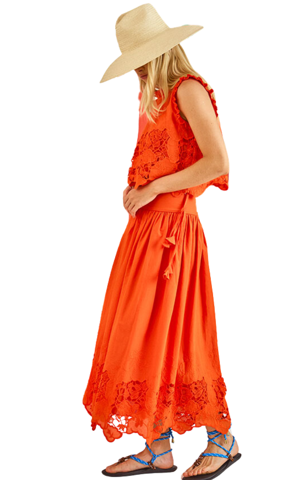 orange tangerine hunter bell nathalie skirt cutout embroidery side waist ties