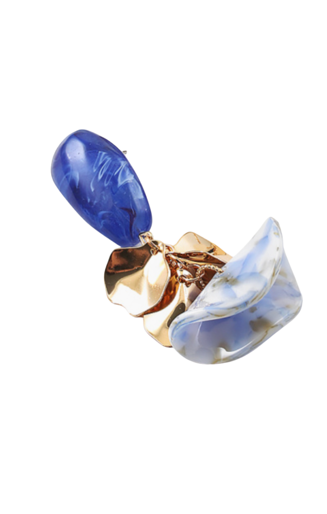 Features a smooth, tear-shaped top stud in a deep cobalt blue with white marbling, balanced by a wider, curved lower drop element in a softer sky-blue and white swirled finish, includes a polished gold disc.