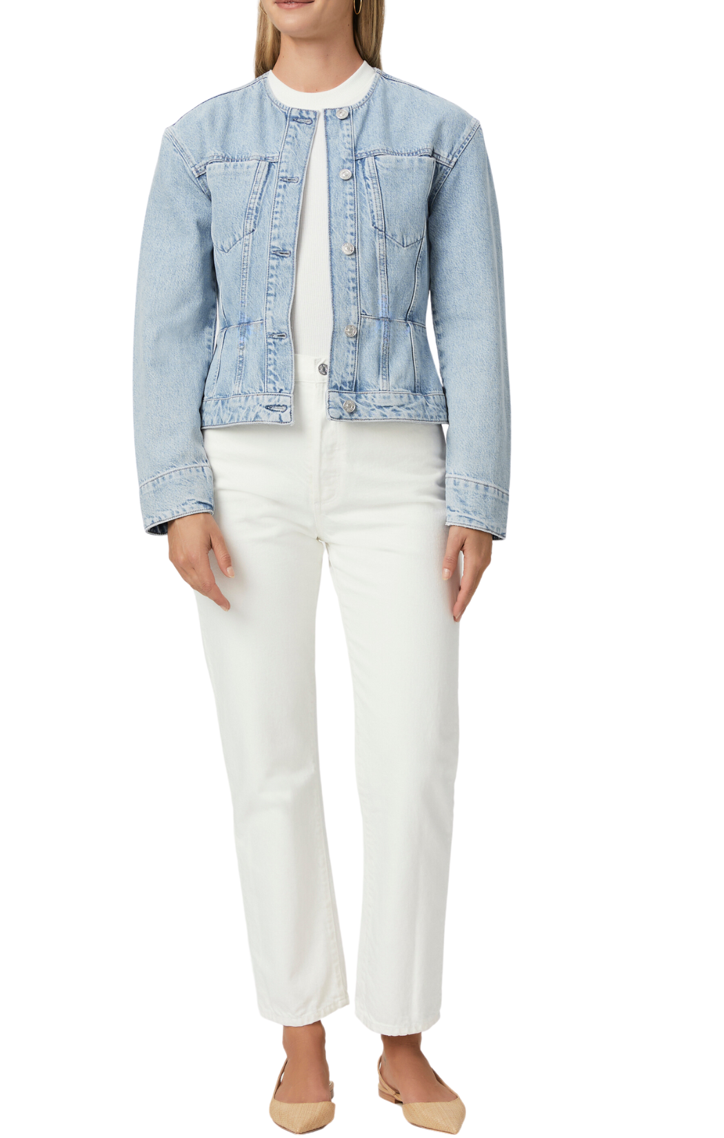 paige isara collarless denim jacket light wash jean peplum