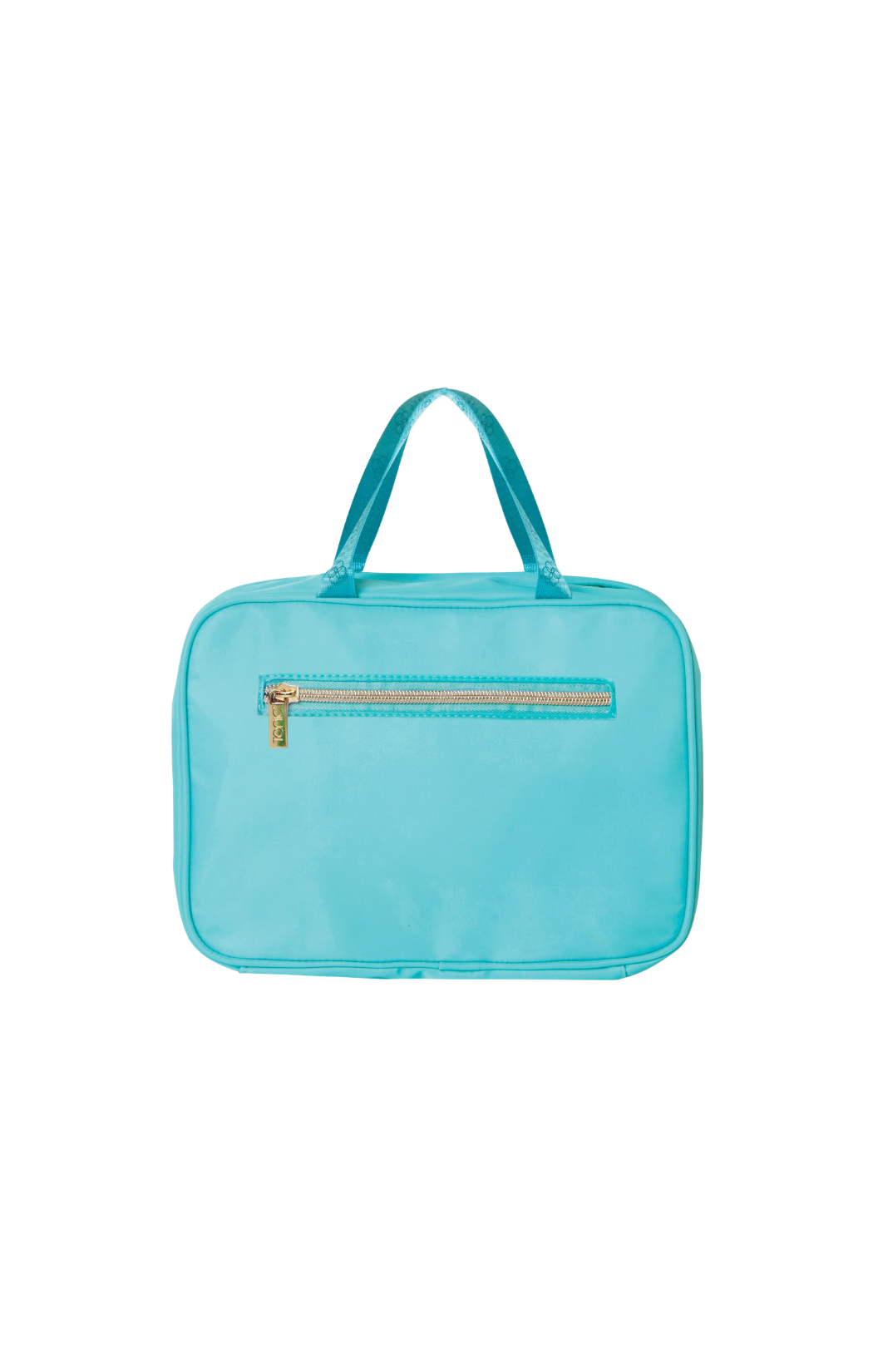 Made from recycled nylon, the bright aqua exterior of this hanging cosmetic bag opens to reveal a contrast navy interior with two generously sized compartments. Smaller zipped pockets. By Tonic.