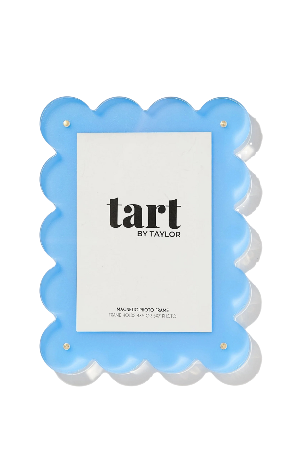 Blue scalloped photo frame with 'tart by Taylor' branding on a white background