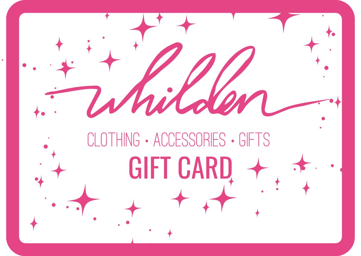A pink and white gift card design with the brand name 'whidden' in large pink script, plus the text 'CLOTHING • ACCESSORIES • GIFTS' and 'GIFT CARD' with decorative starburst accents.