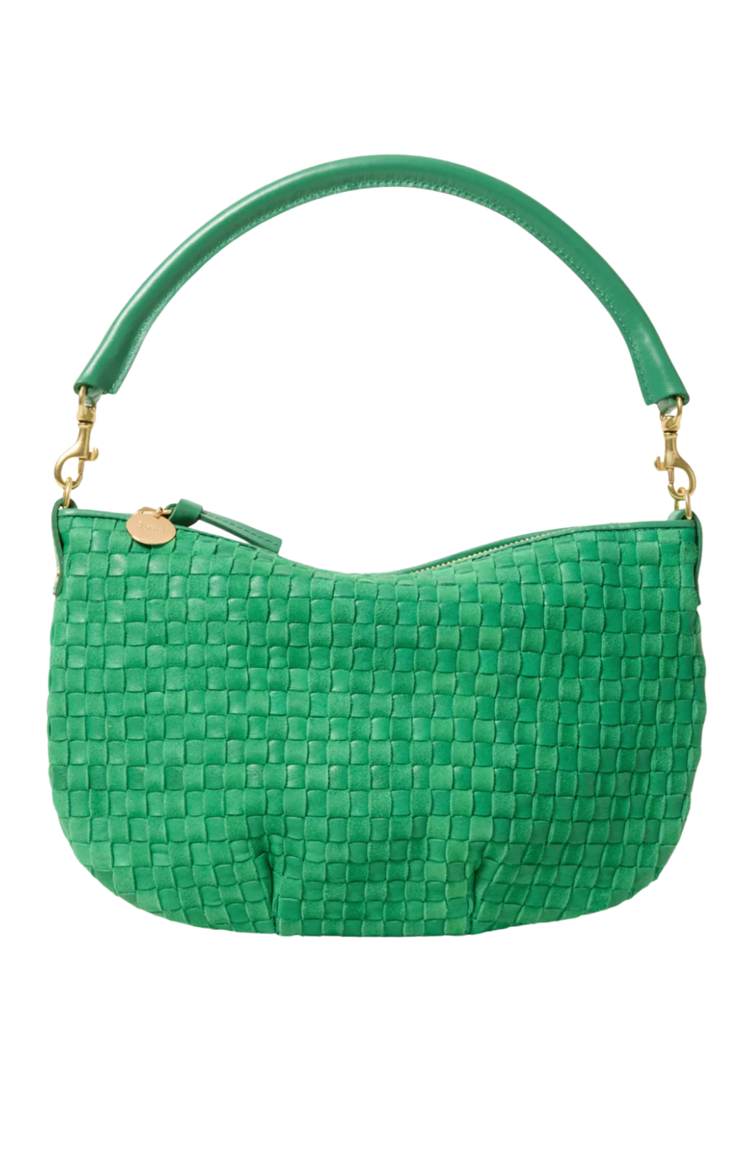 A green woven leather shoulder bag with a curved top handle and gold-tone hardware, shown against a plain white background.