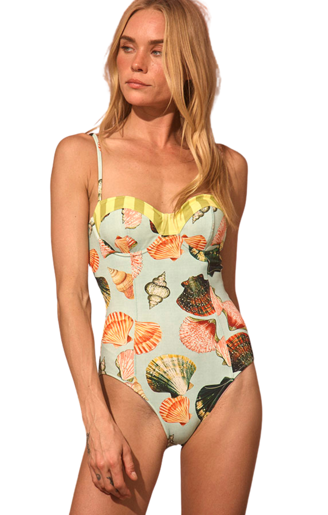 One-piece swimsuit in mint background with multi color shells
Underwire bra top with removable pads
Princess seam detailing
Adjustable straps
75% nylon / 25% spandex