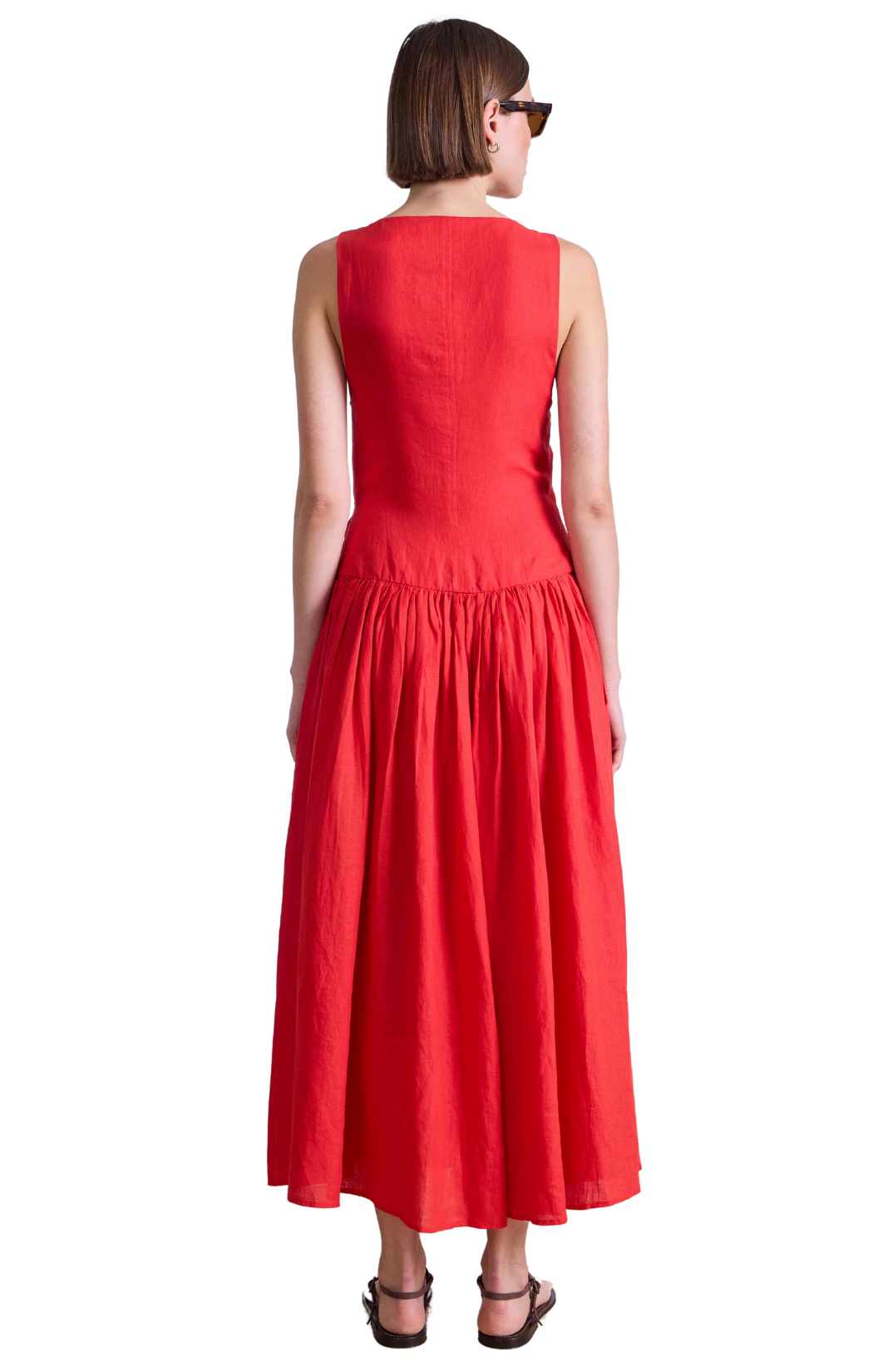 apiece apart red tiered maxi dress wrap v-neck drop waist