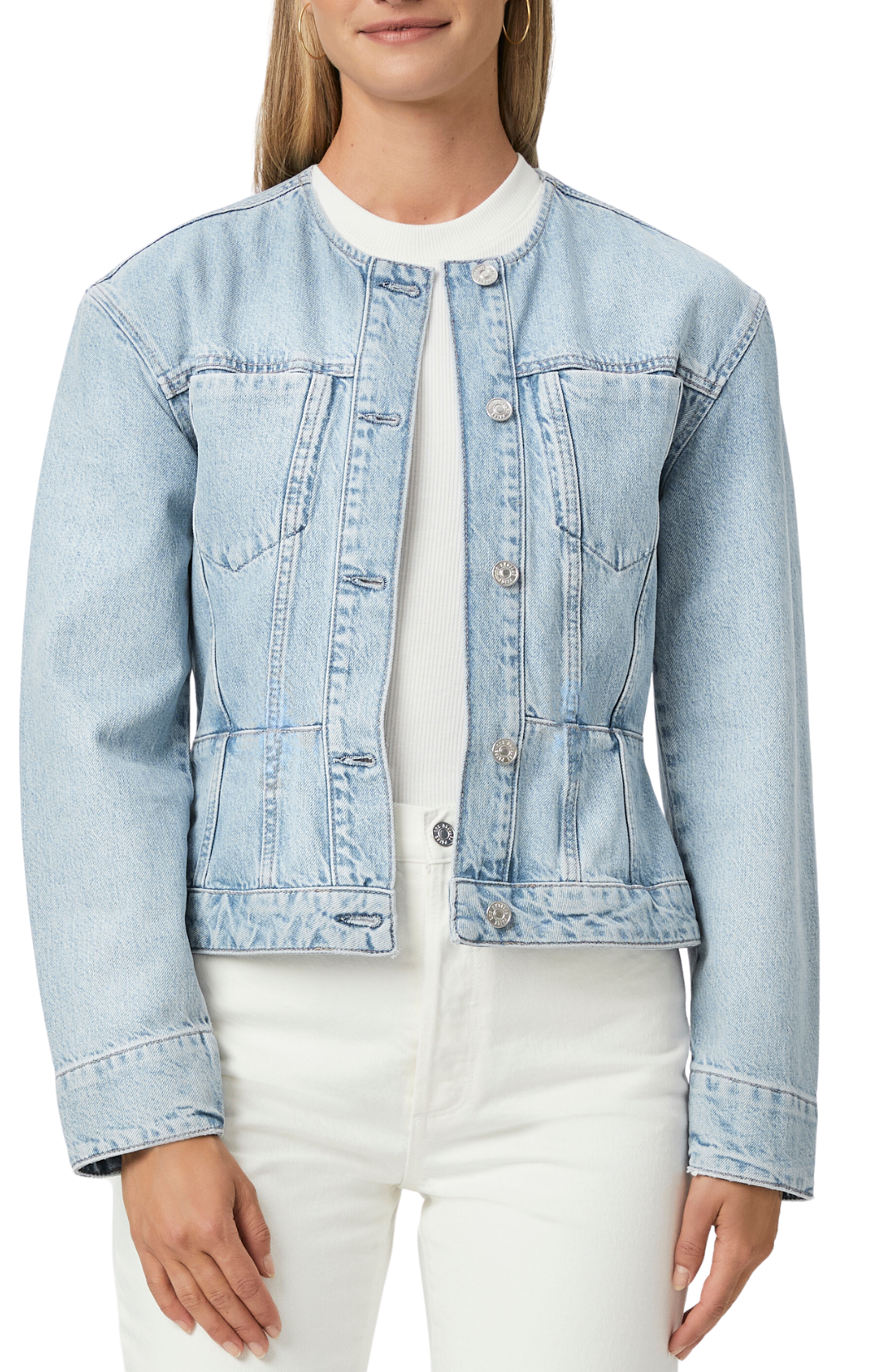 paige isara collarless denim jacket light wash jean peplum