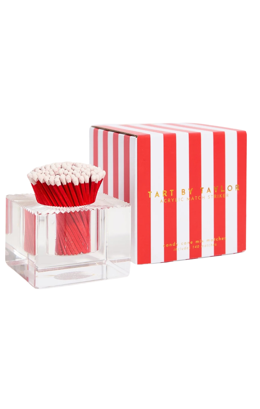 Clear container with red and white matches and striker on the bottom
