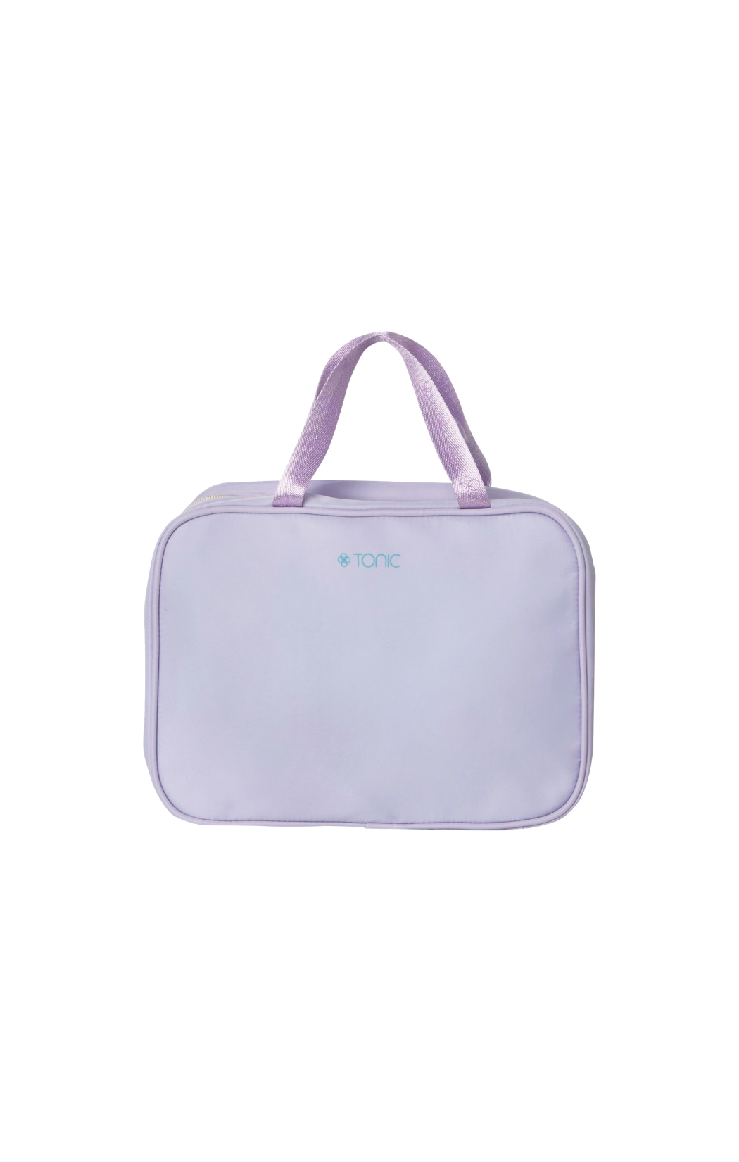 Made from recycled nylon, the violet exterior of this hanging cosmetic bag opens to reveal a contrast aqua interior with two generously sized compartments. Smaller zipped pockets. By Tonic.