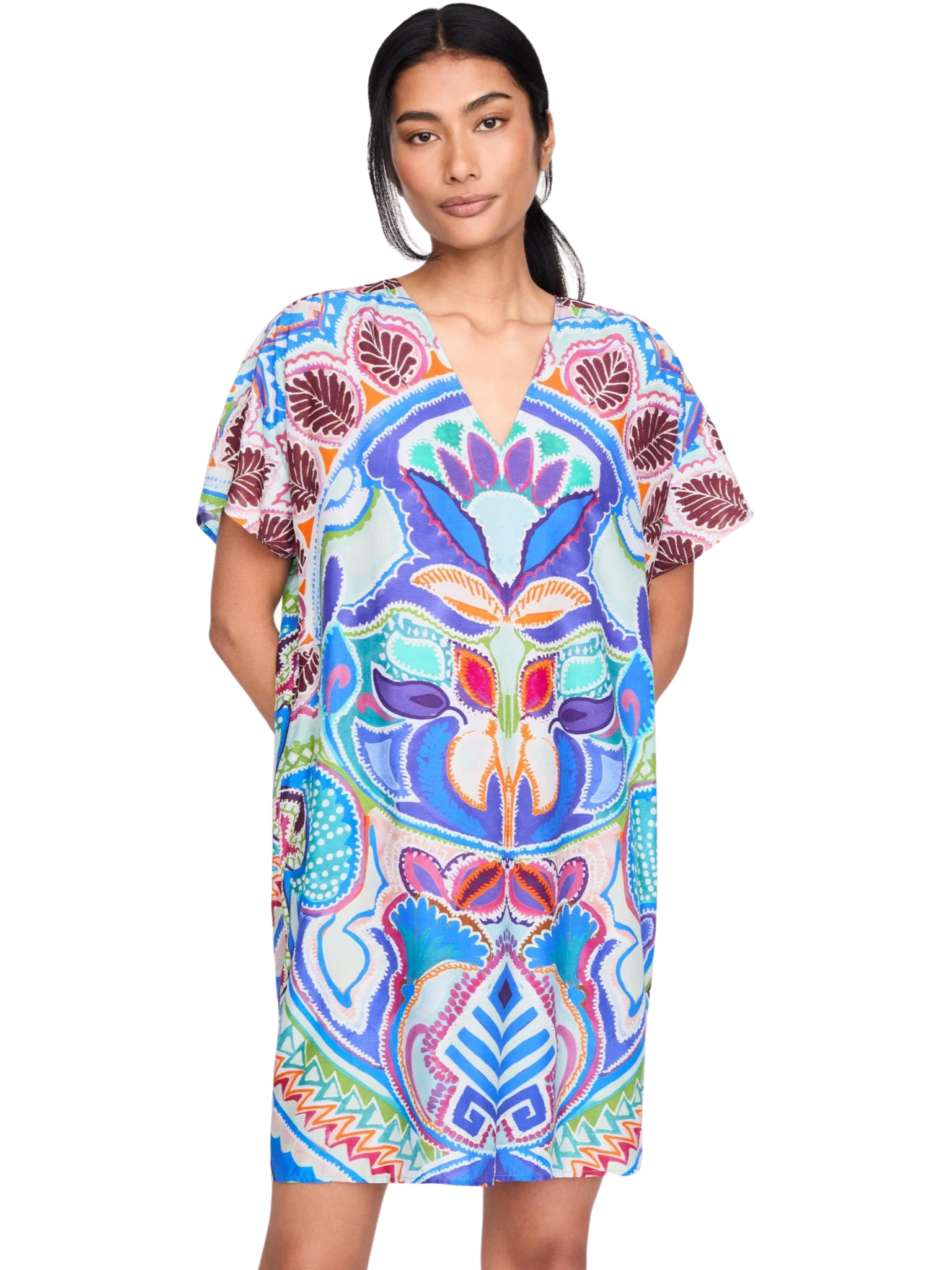 This airy slip-on silhouette is splashed with a largescale, jungle-inspired Morpho Mosaic placement print and works great as a dress or coverup. Marie Oliver Ollie Dress.