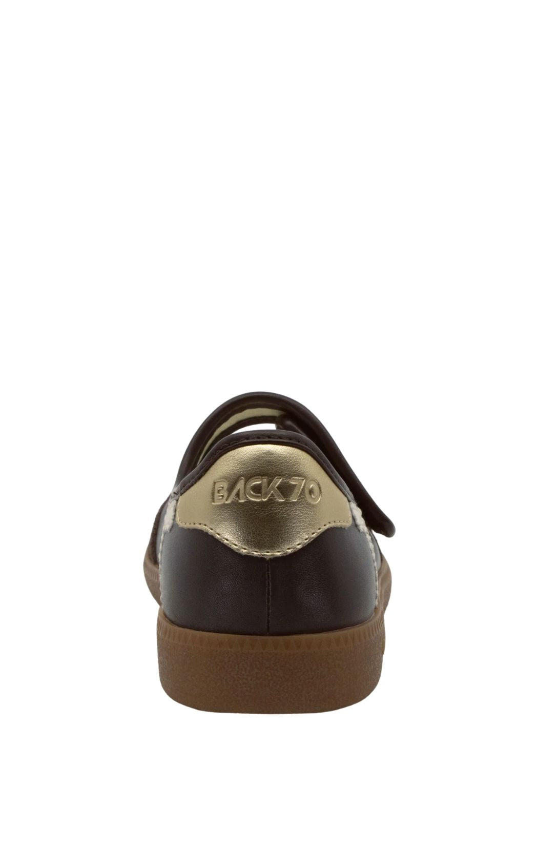 A single low-top sneaker shown from the back, featuring a dark brown leather upper with a metallic gold heel tab displaying the brand name 'BACK70', a gold eyelet, and a brown gum sole, set against a plain white background.