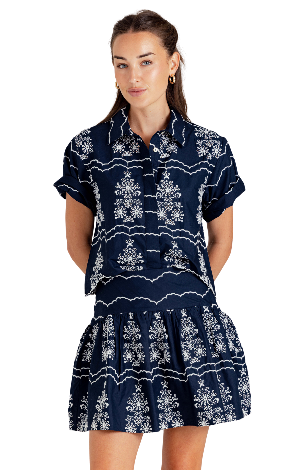Short sleeve button-down shirt in navy
Embroidered detail accents in white
Classic collar
100% cotton