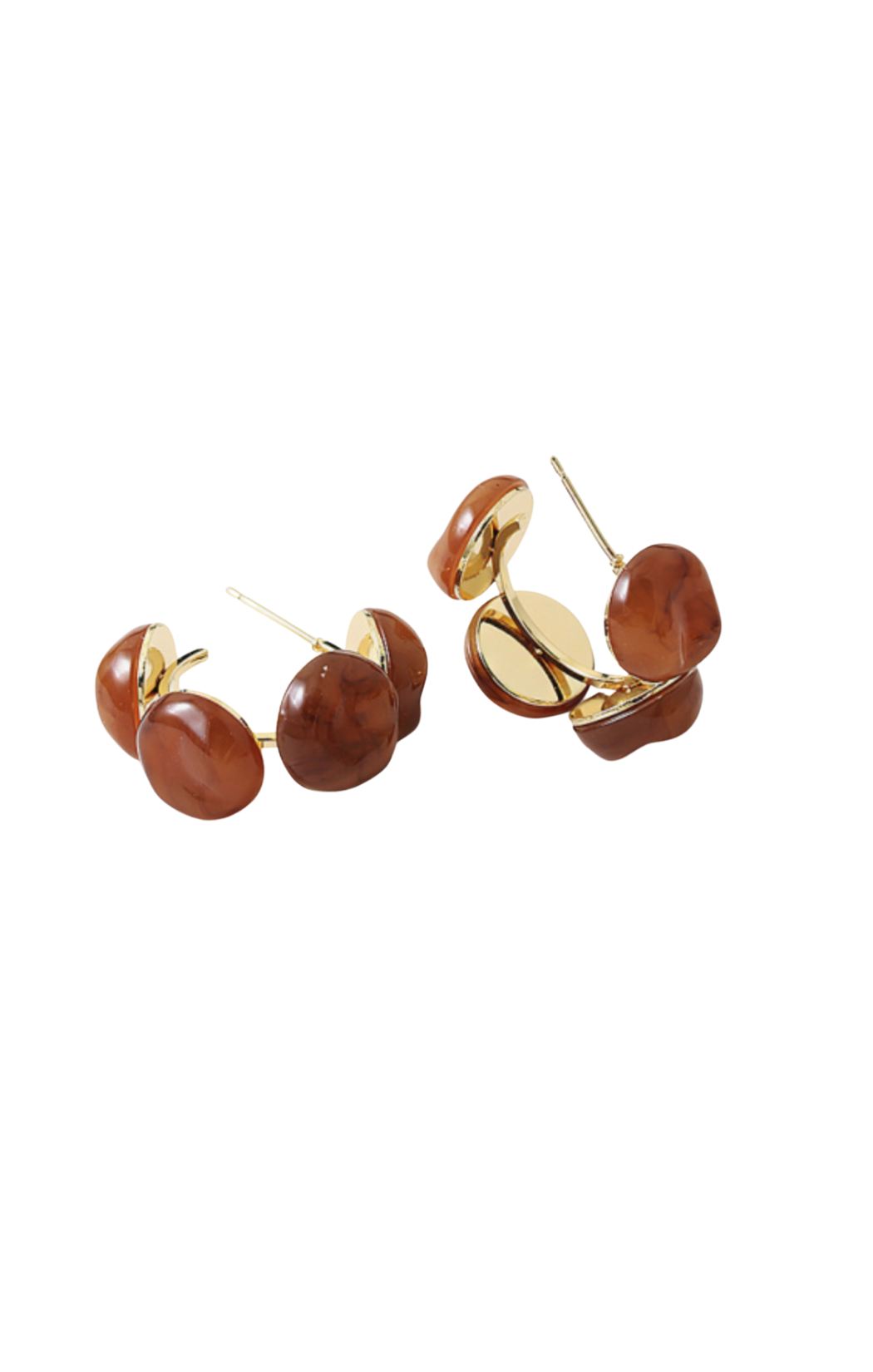 open-hoop earrings. Featuring smooth, polished tortoise-shell style resin discs arranged along a high-shine gold band