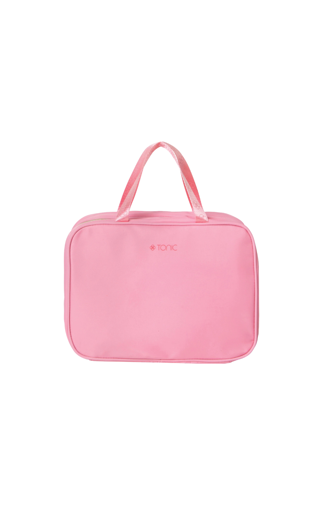 Made from recycled nylon, the bright pink exterior of this hanging cosmetic bag opens to reveal a contrast red interior with two generously sized compartments. Smaller zipped pockets. By Tonic.