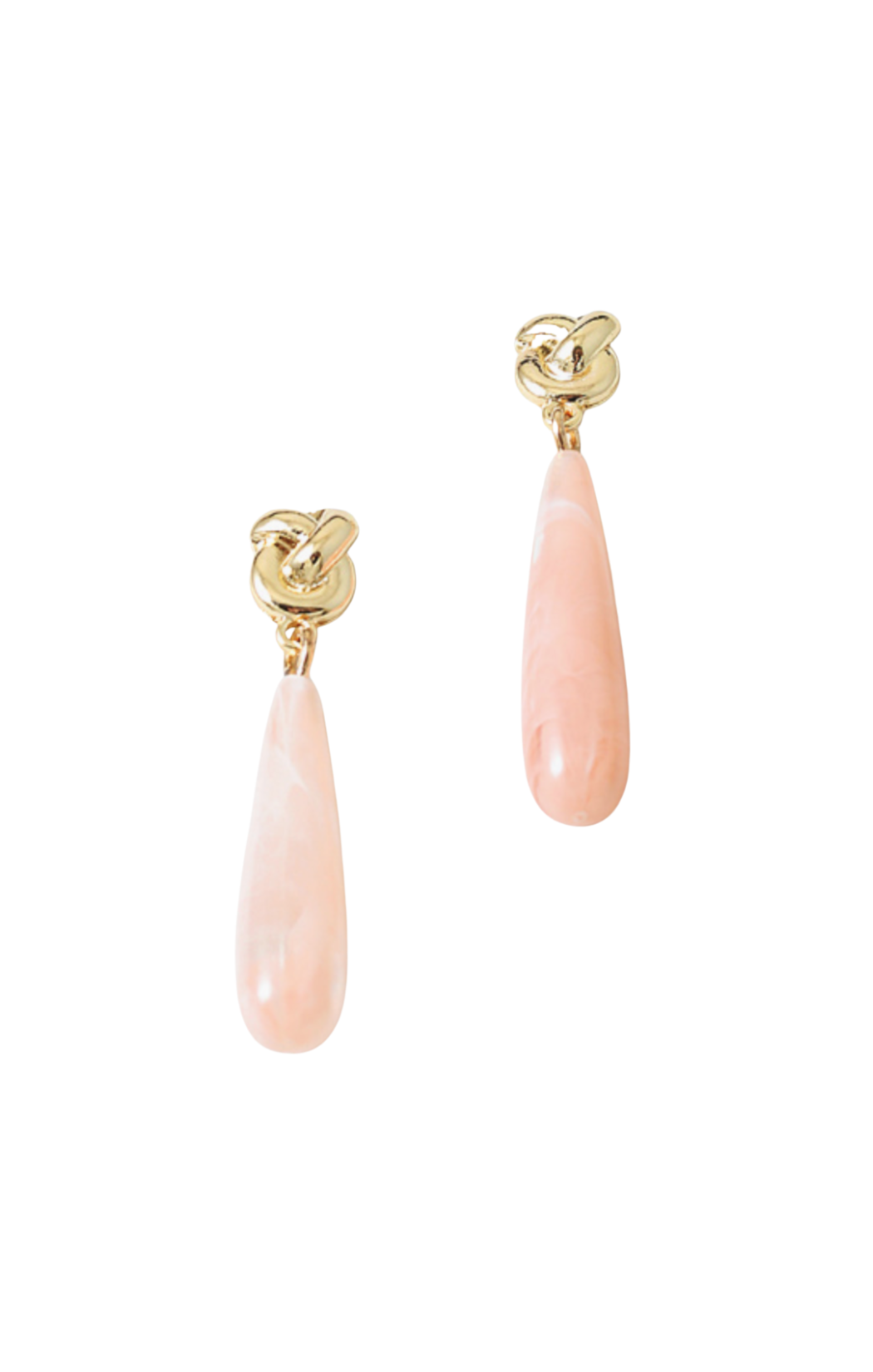 a polished gold-toned knot stud, they cascade into an elongated, teardrop-shaped resin pendant with a delicate pink marbled effect.