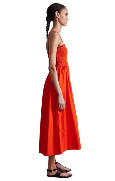 Red orange smocked spaghetti strap midi dress Apiece Apart