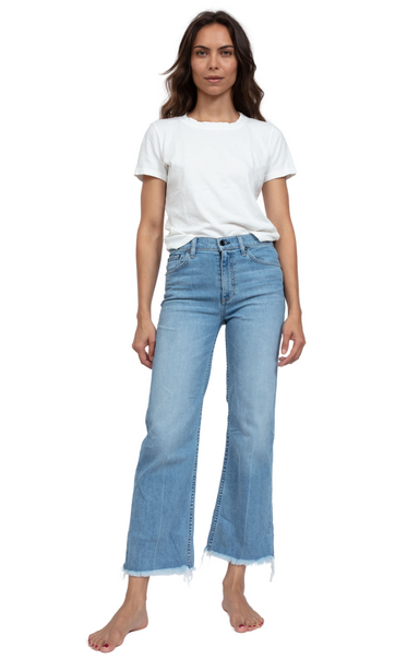 The Crop Wide Leg Jeans offer a high rise comfort stretch wide leg with cropped inseam and a fray hem. By ASKK NY.
