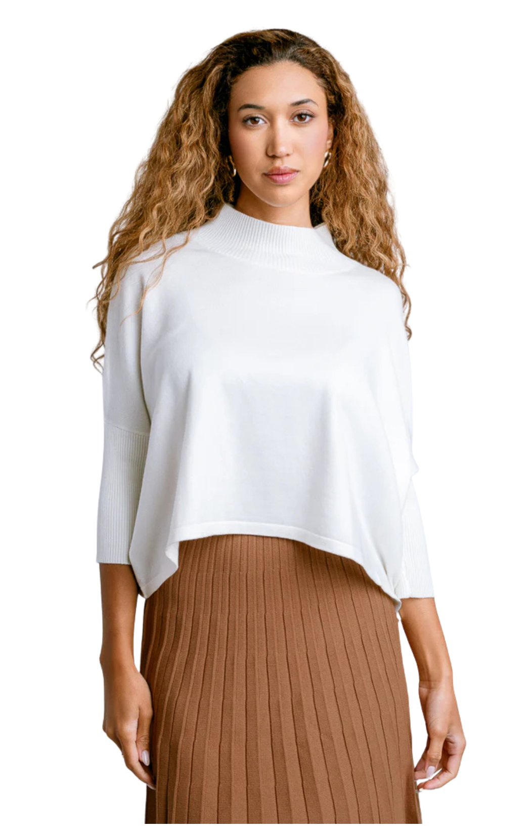 A white knit mock neck sweater with three-quarter sleeves