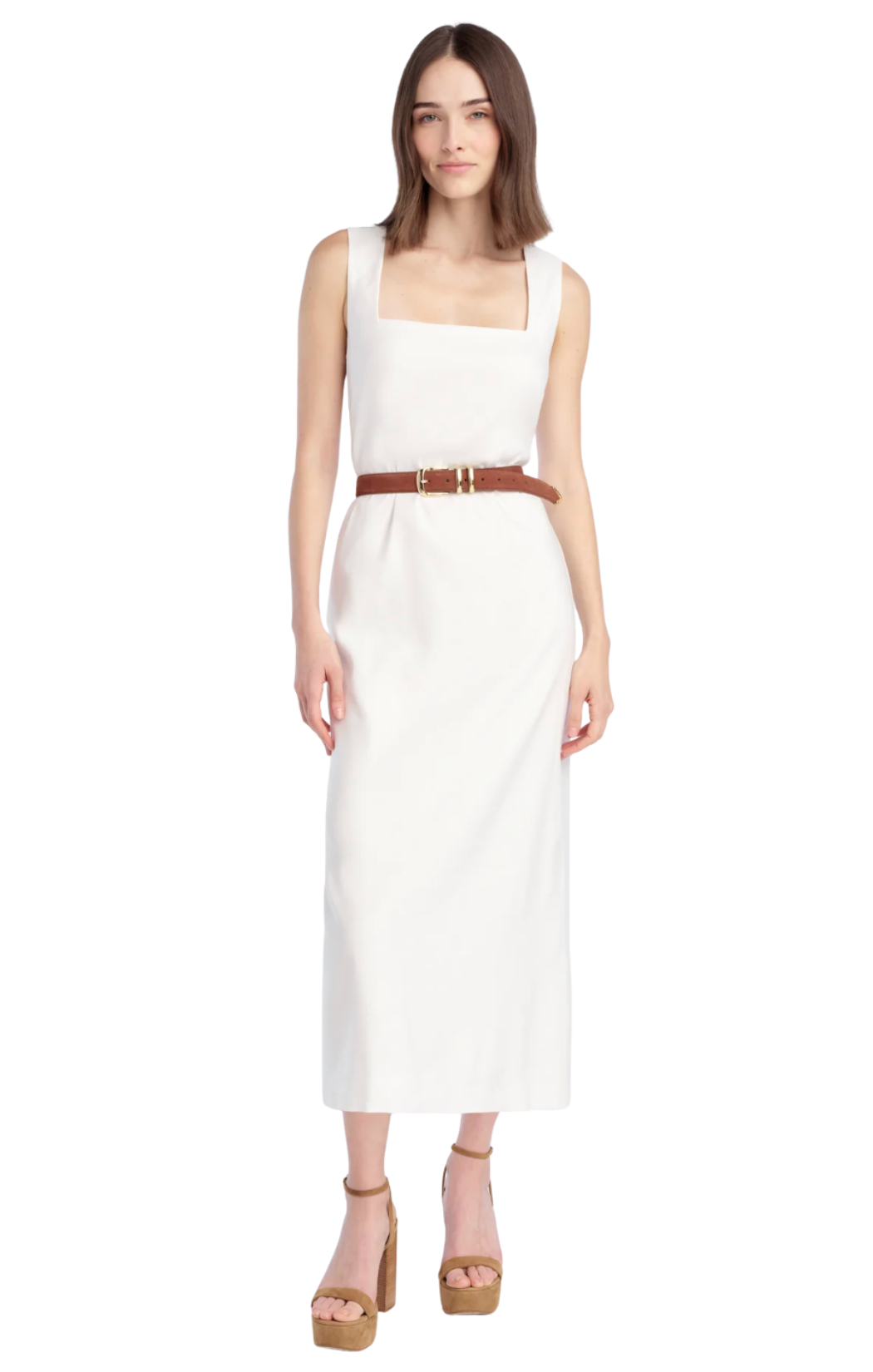 A midi length white dress in fully-lined stretch linen in an easy 50" column style with a square neckline and back slit.