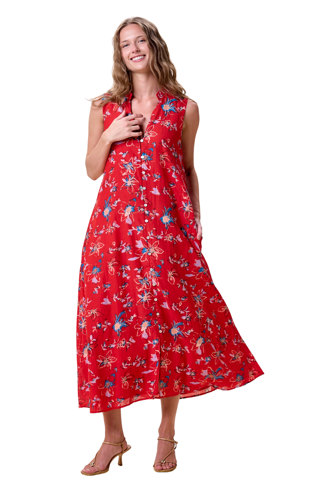 Red floral front button mid length dress with a optional matching belt