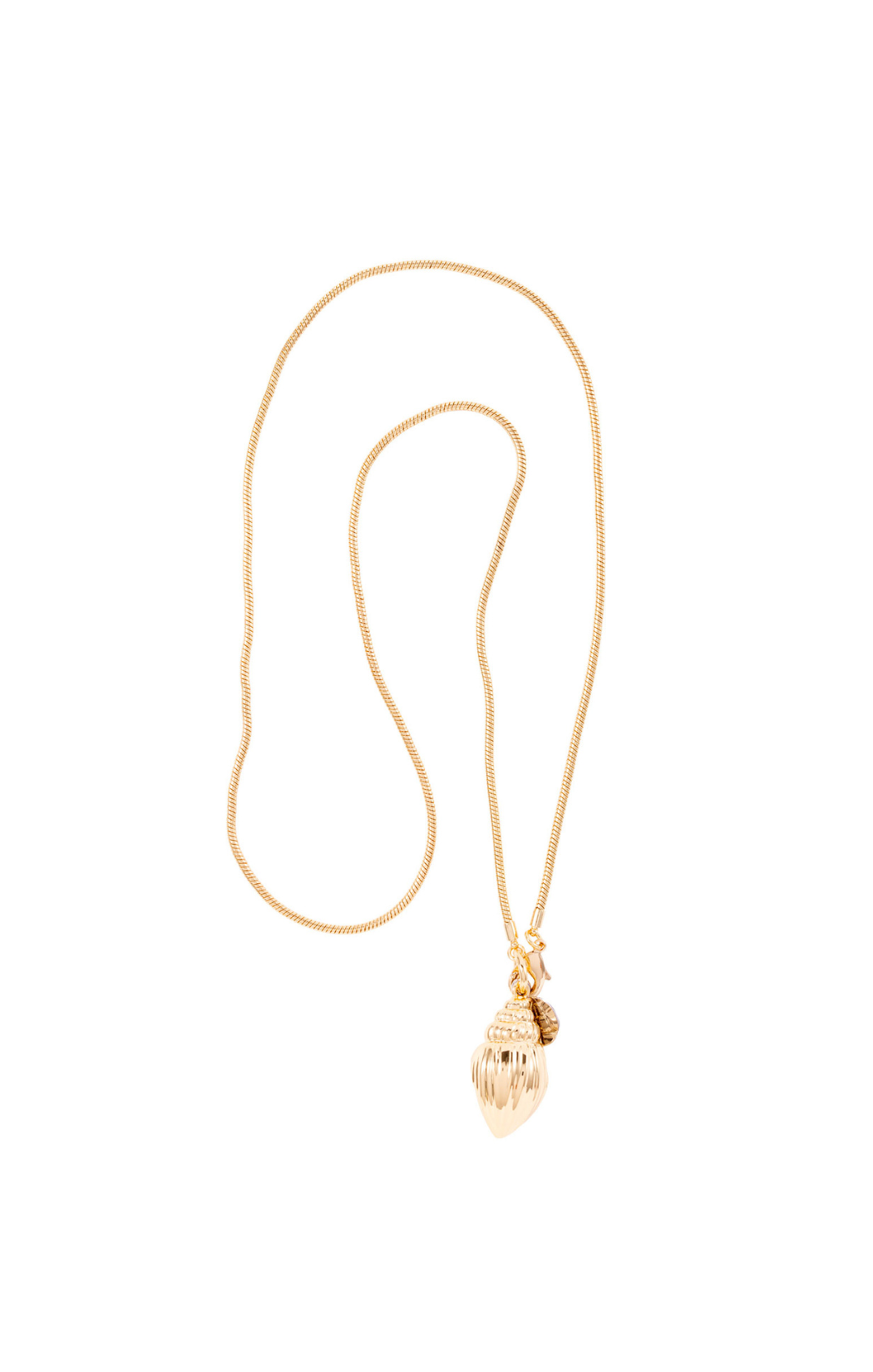 Gold necklace, long chain, beach-inspired necklace design with a shell. Easy to layer.