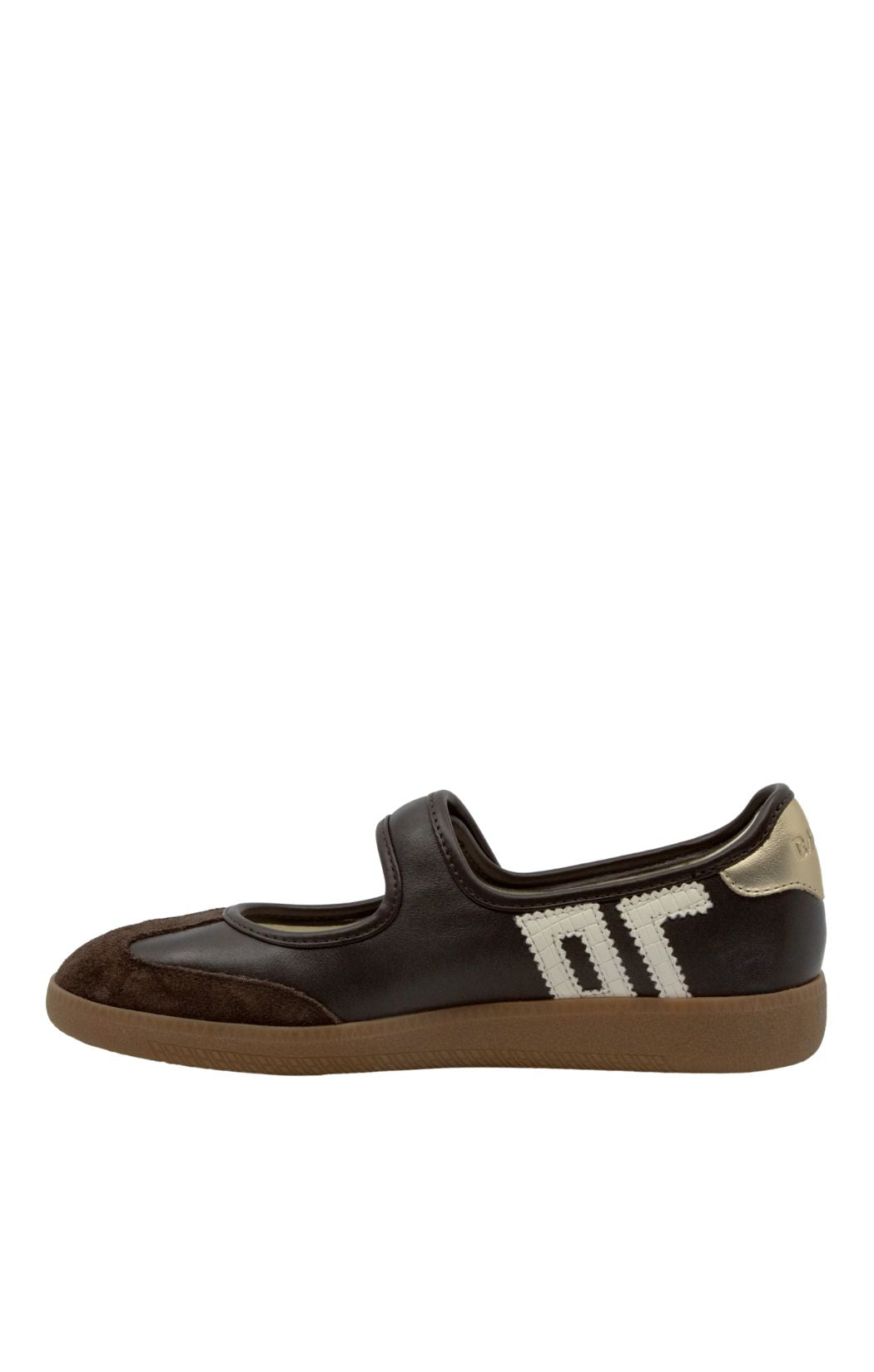 A dark brown leather and suede Mary Jane shoe with a brown sole, featuring a white woven logo on the side and a gold heel tab, shown against a plain white background.