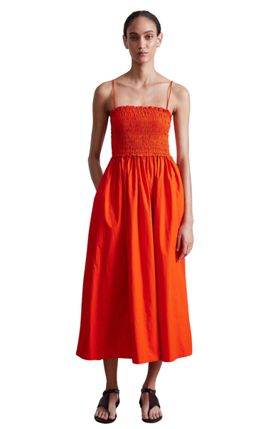 Red orange smocked spaghetti strap midi dress Apiece  Apart