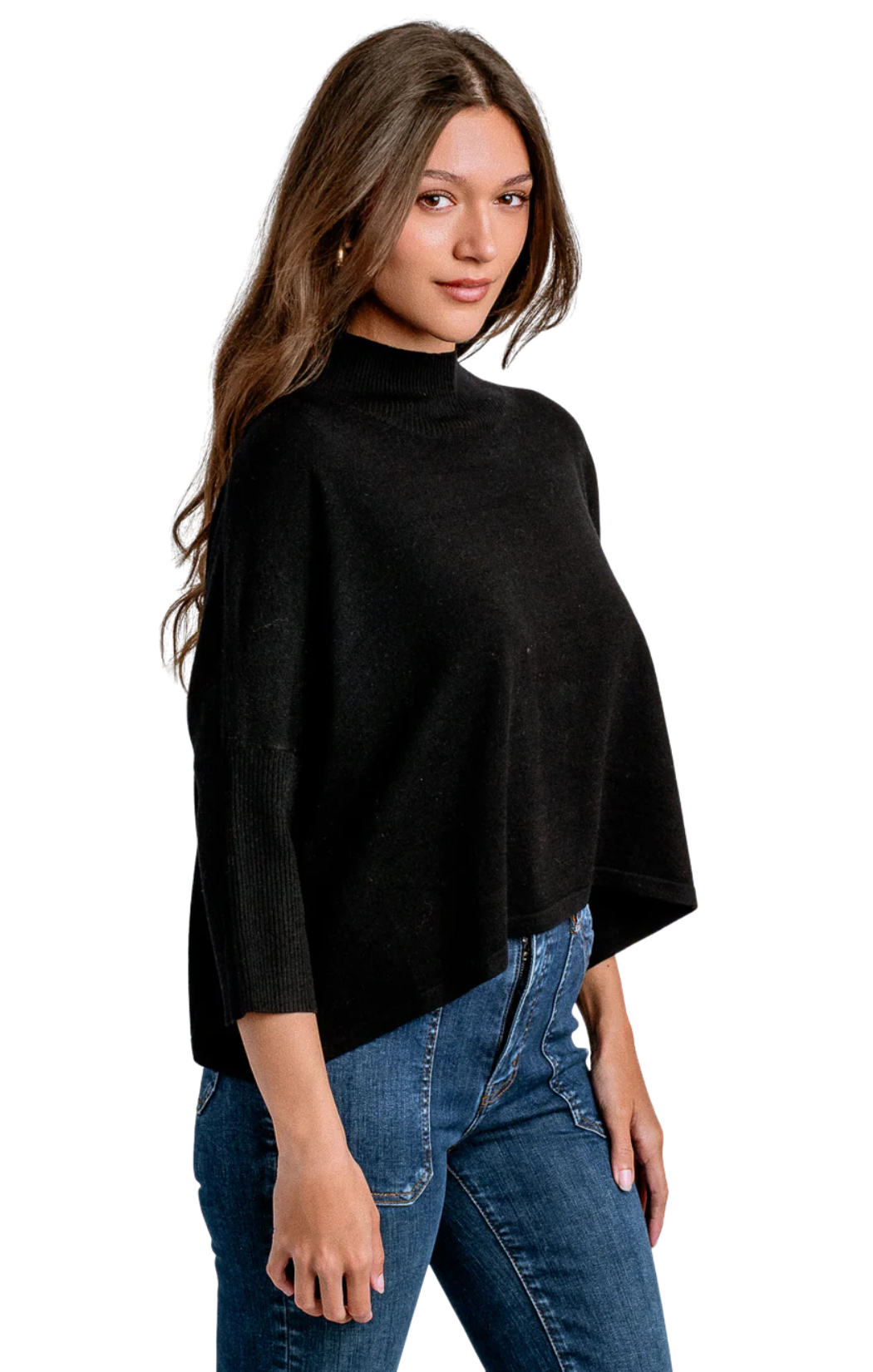 A black knit mock neck sweater with three-quarter sleeves