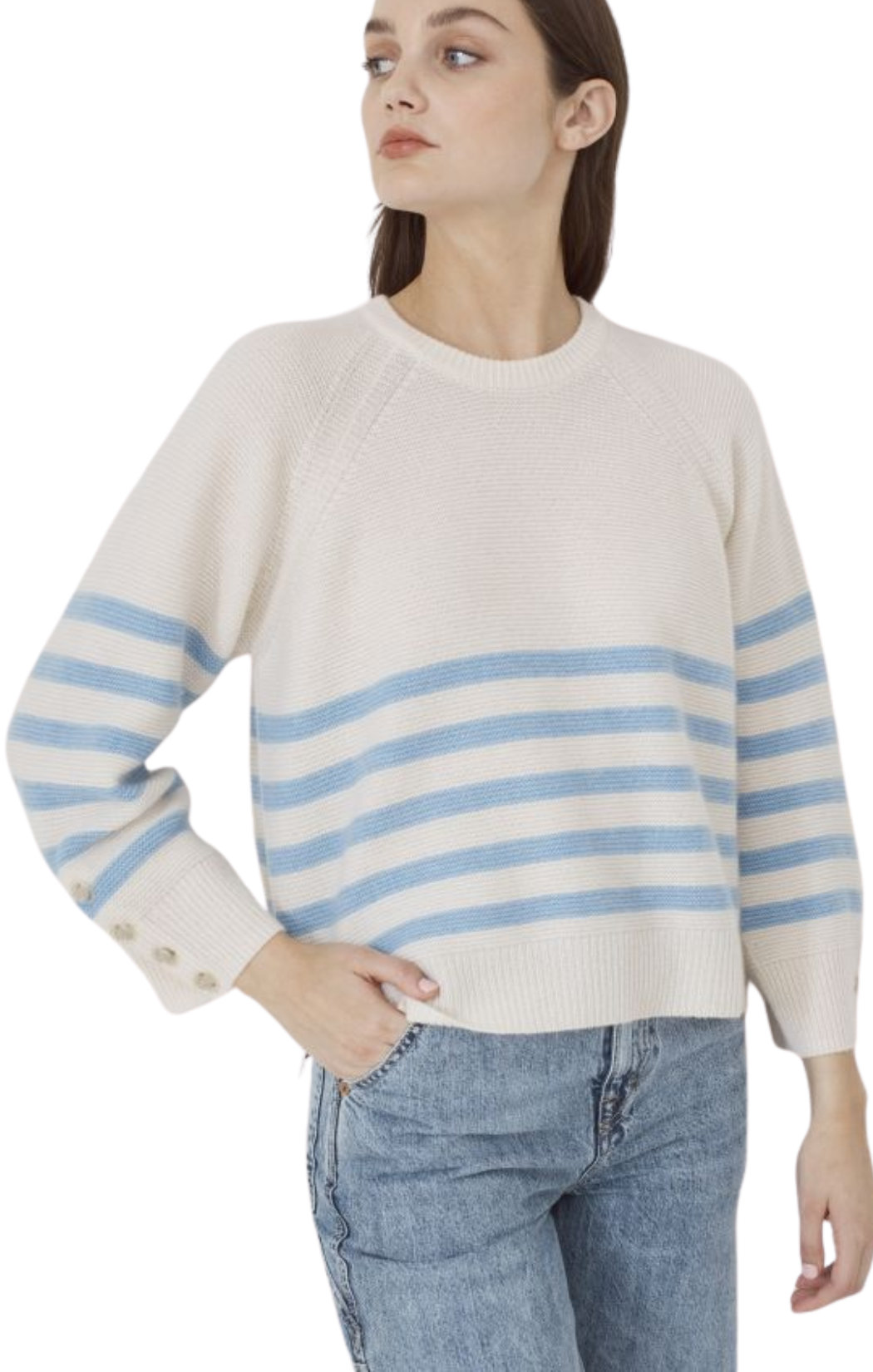 Breton Stripe Links Stitch Raglan Crewneck Sweater