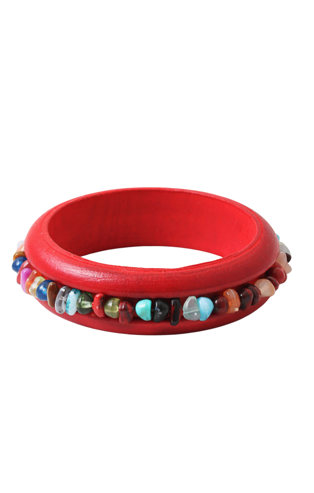 this red bracelet features a recessed center channel packed with an eclectic mix of multi-colored stone chips,