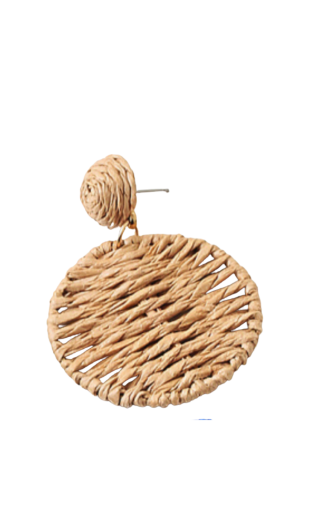 woven raffia drop earrings. Featuring a textured, coin-style stud that transitions into a large, open-weave circular disc