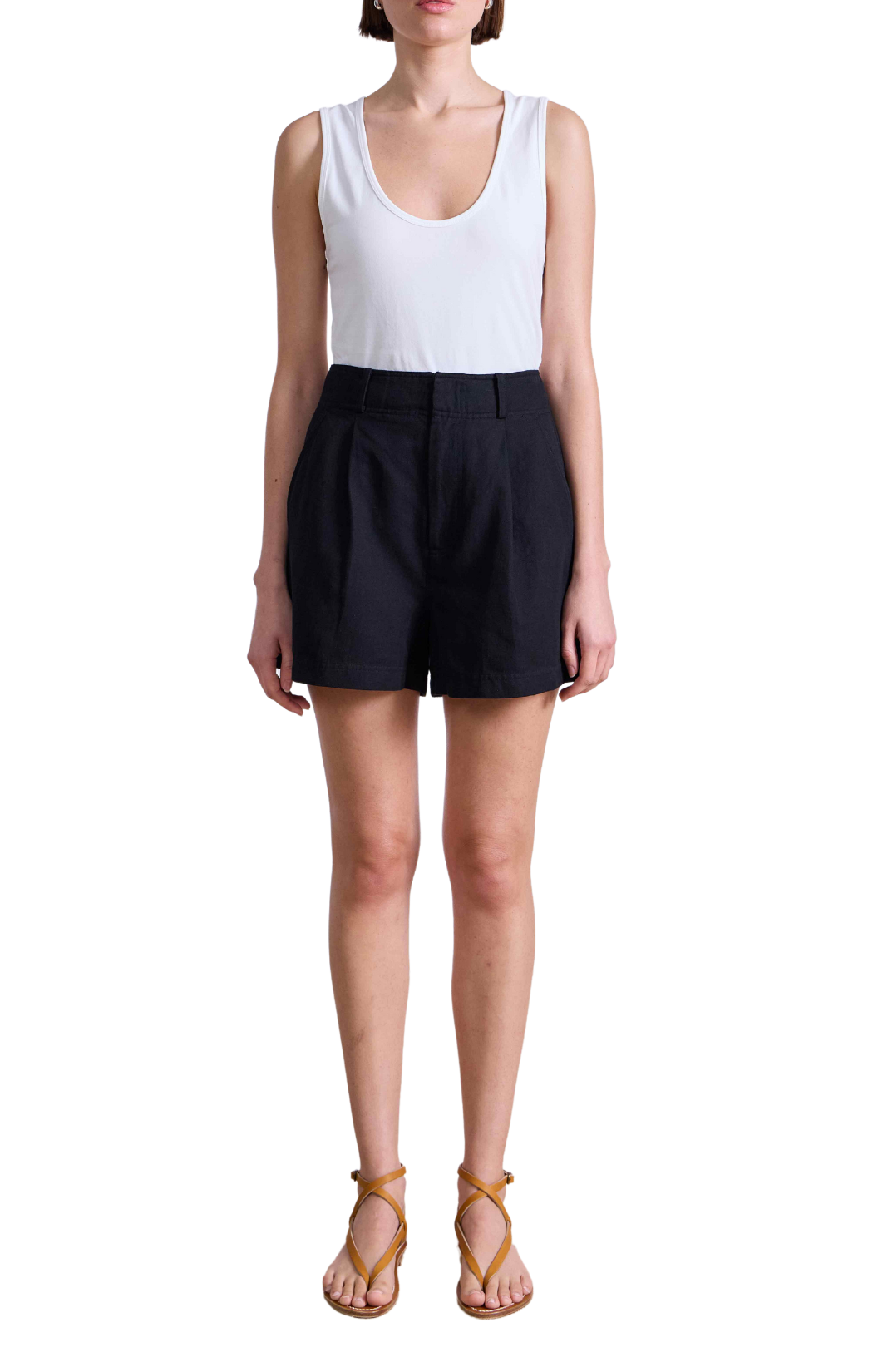 apiece apart bari shorts black pockets belt loops cotton linen blend 