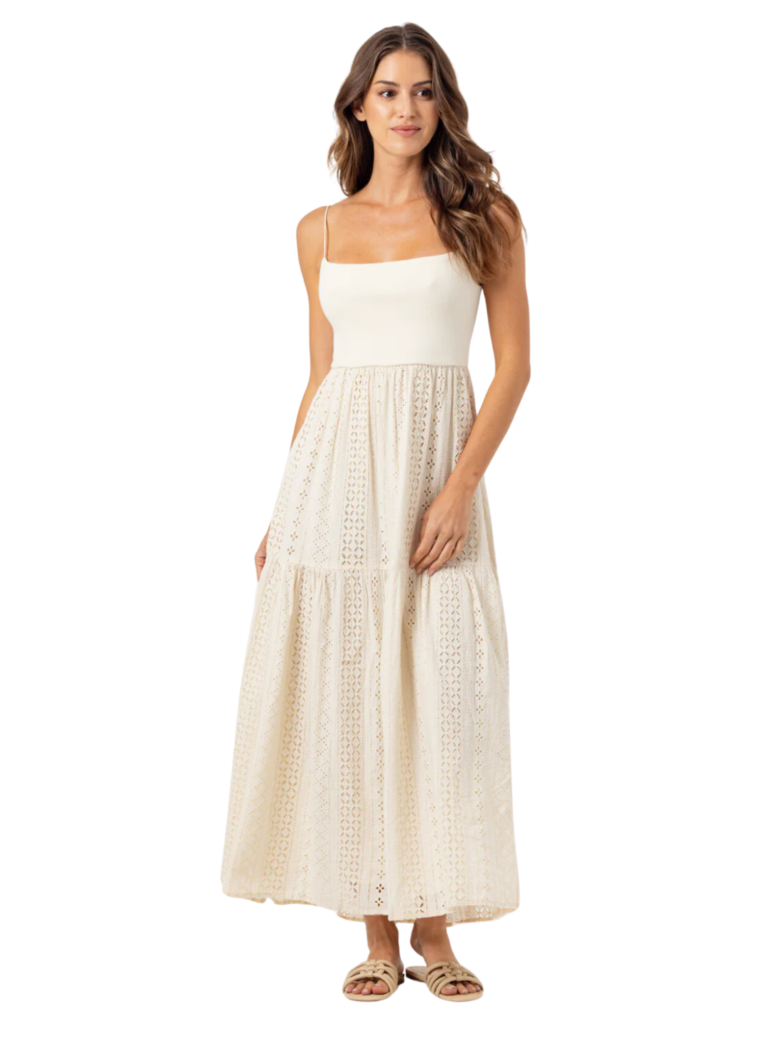 The Rose Dress by Sundays is perfectly effortless. Featuring a stretchy, soft rib fabric bodice with adjustable straps, the skirt is made from a delicate cotton eyelet. The elastic on the back provides the perfect fit that molds to your body. Embrace comfort and style this spring in this elevated maxi dress. A full-length dress that finishes just at your ankles.