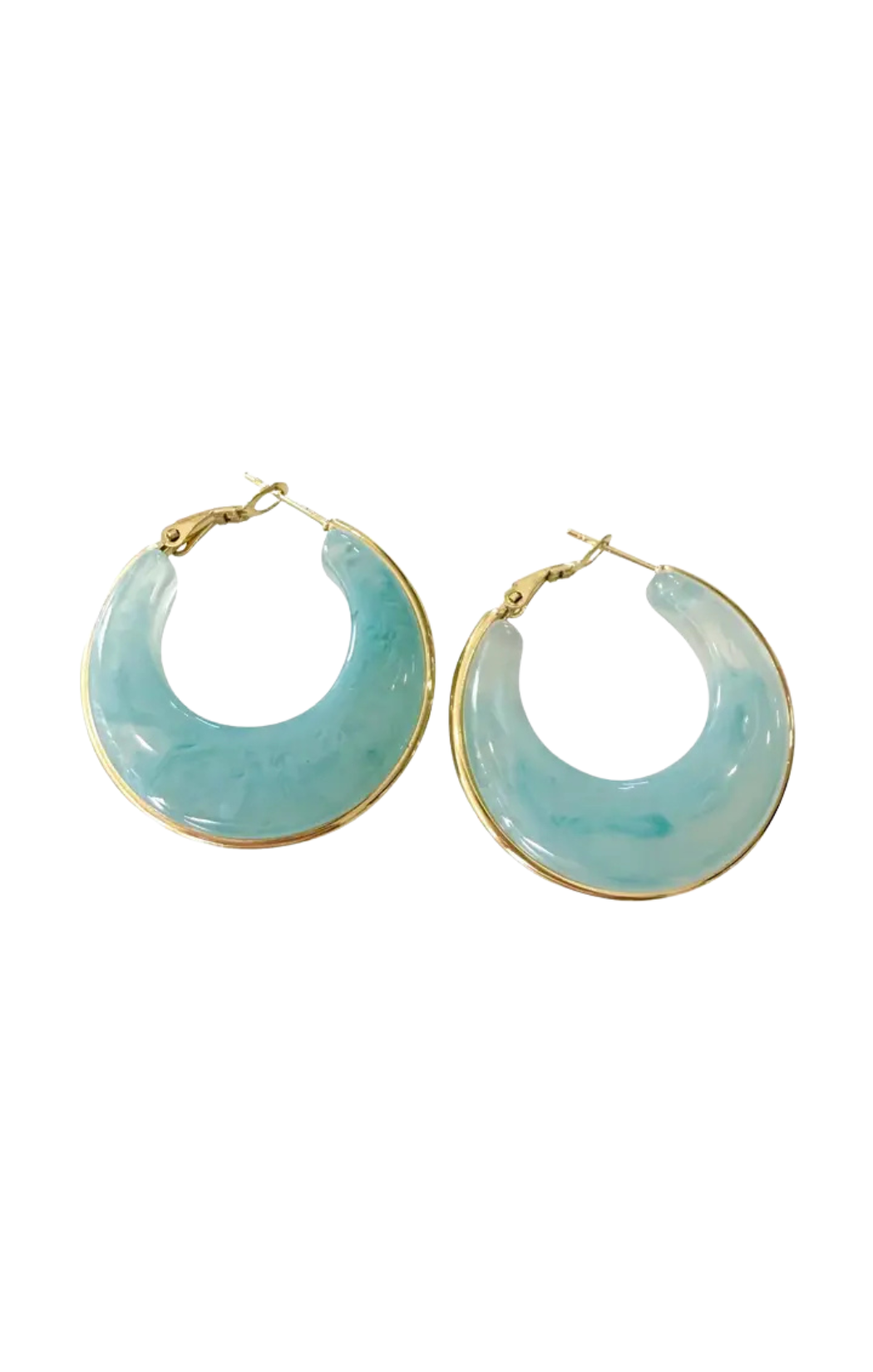 Pair of light blue hoop earrings with gold accents on a white background