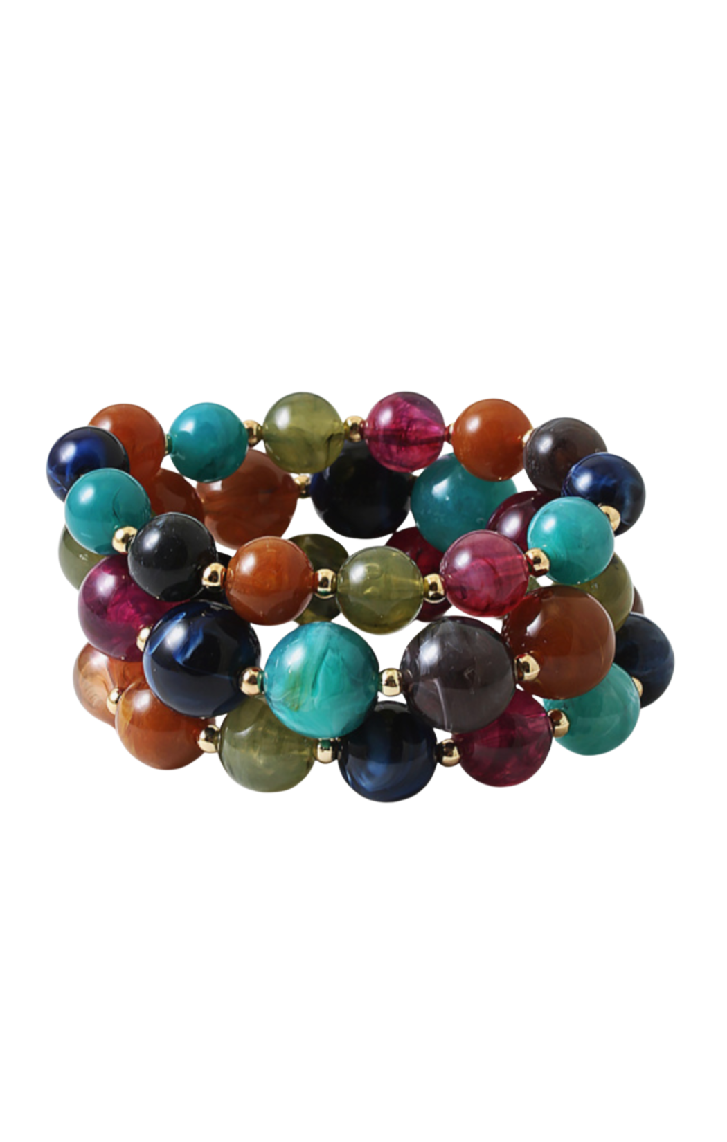multi-row beaded bracelet. Featuring a rich mix of chunky, high-shine spherical beads in a stunning palette of turquoise, amber, olive, deep magenta, and midnight blue
