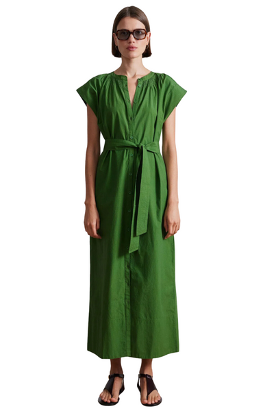 Sleeveless shirt dress, mandarin collar with front button placket, self tie belt, pockets at side seam green Apiece Apart
