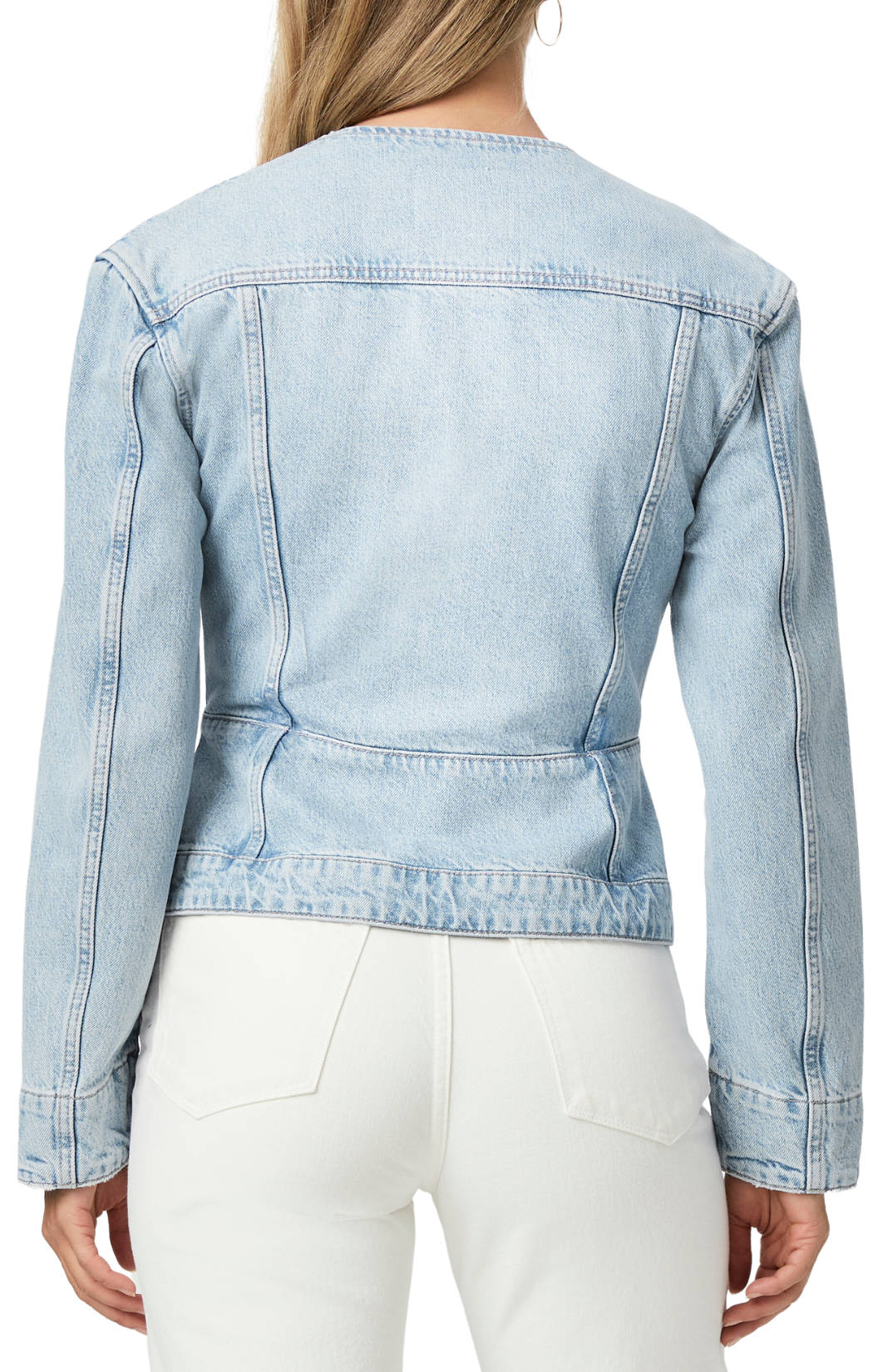 paige isara collarless denim jacket light wash jean peplum